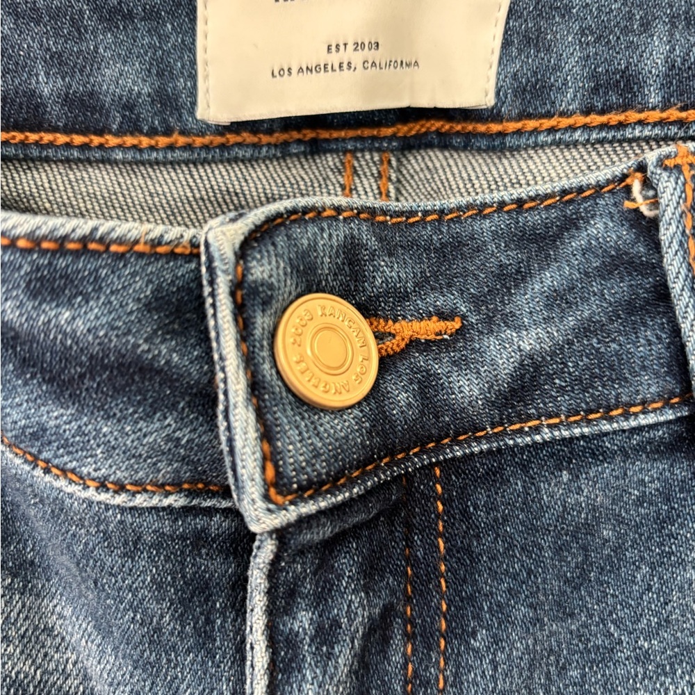 High-Rise Blue Denim Jeans with Orange Stitching